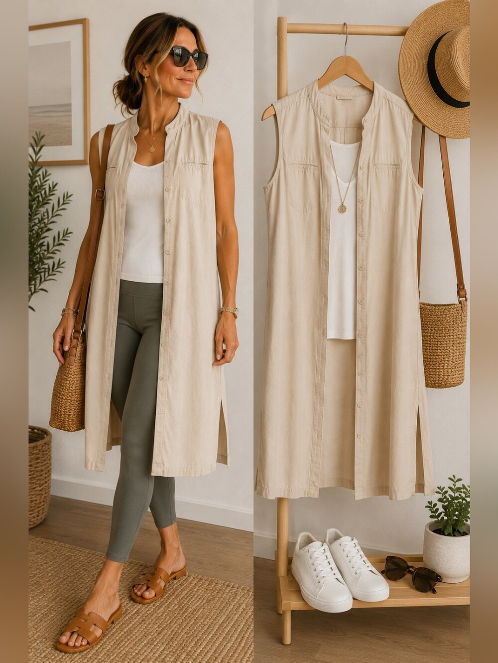 Jessica Cotton Linen Shirt Dress Beige Sleeveless Button Front Midi Tunic